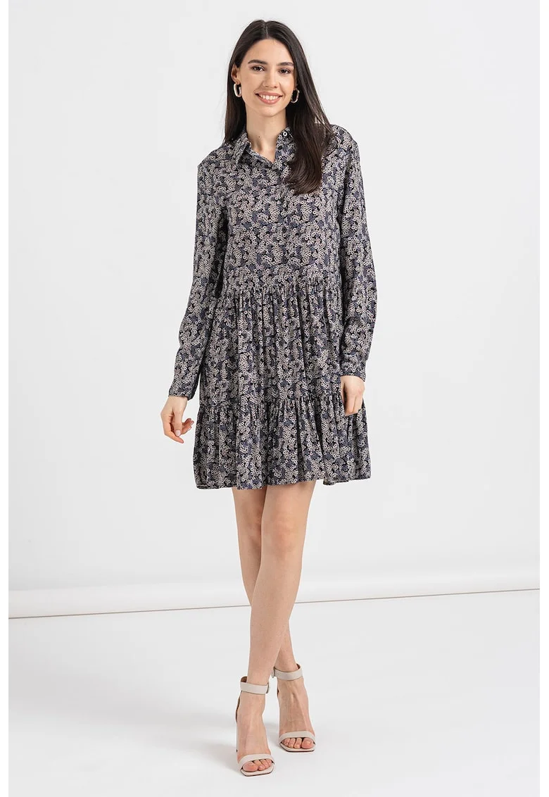 Rochie mini cu croiala in A, Alb/Negru/Albastru prafuit