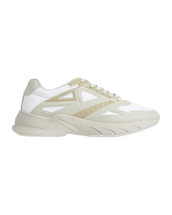 Pantofi sport de piele ecologica si material textil, Alb/Grej