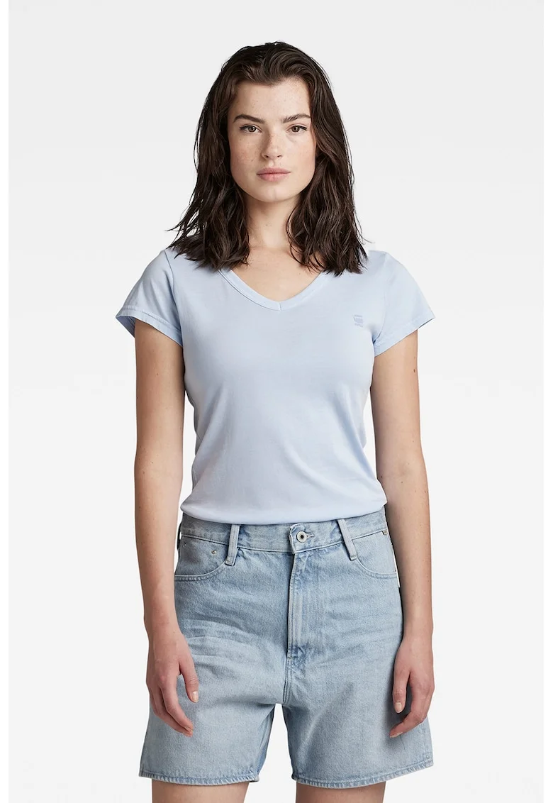Tricou slim fit din bumbac organic cu decolteu in V Eyben, Albastru pastel