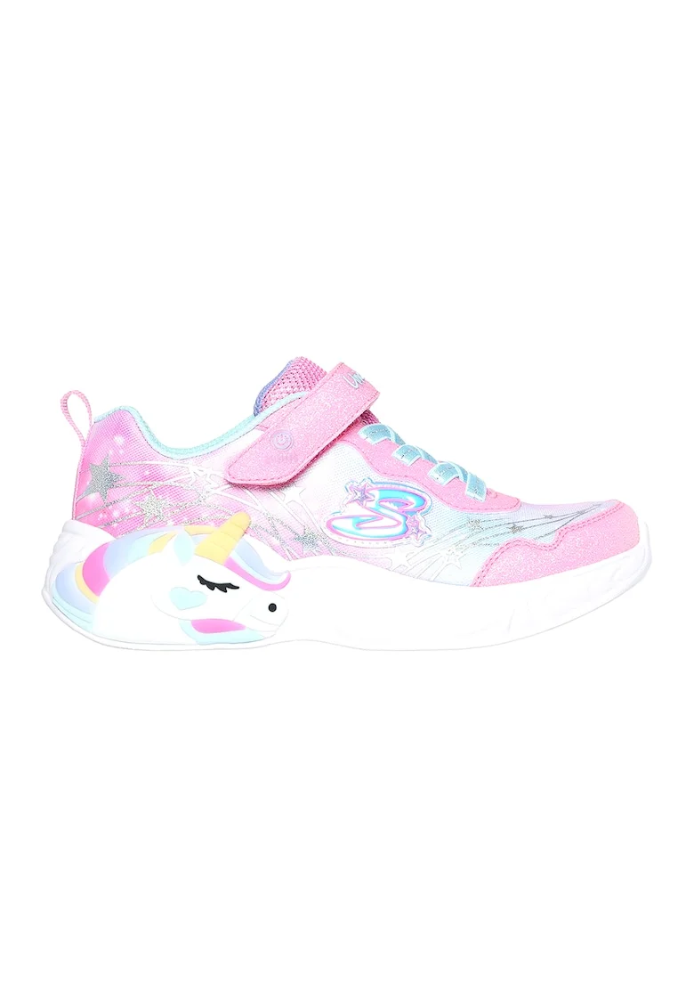 Pantofi sport cu velcro, imprimeu si led-uri, Albastru glaciar/Roz