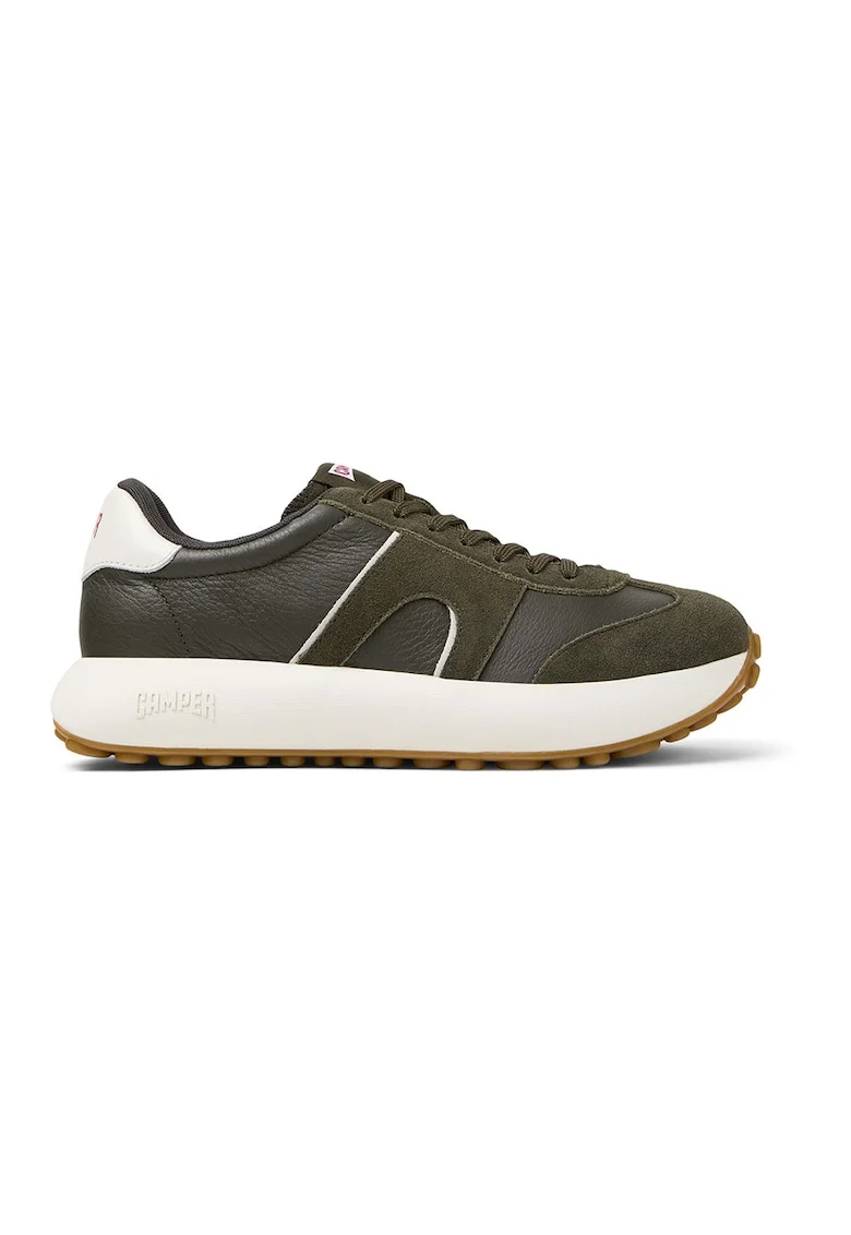 Pantofi sport wedge cu segmente de piele nabuc Athens, Alb/Kaki inchis