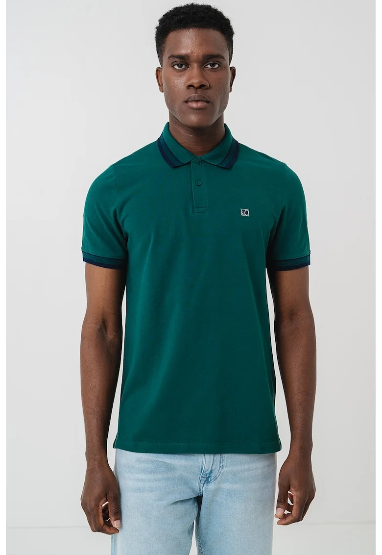 Tricou polo din bumbac pique, Verde aquamarin/Bleumarin