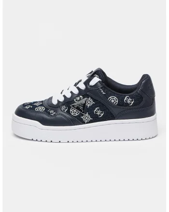Pantofi sport de piele ecologica si material textil, Alb/Bleumarin