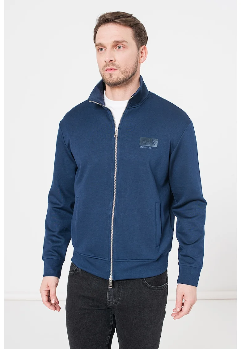 Bluza sport cu fermoar si buzunare frontale, Albastru inchis