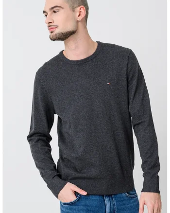 Pulover din bumbac cu logo discret brodat, Gri inchis melange
