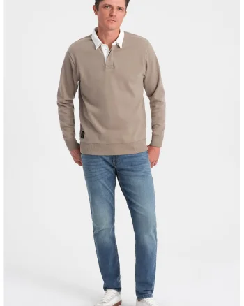 Bluza polo lejera de trening cu fenta cu nasturi, Maro taupe