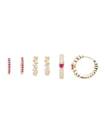 Set de cercei rotunzi cu cristale - 3 perechi, Auriu/Fucsia