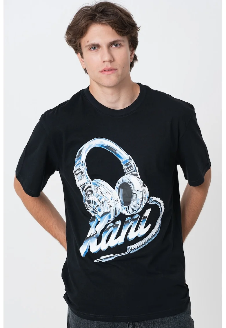 Tricou cu imprimeu grafic, Negru/Albastru azur