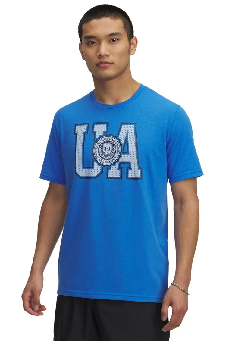 Tricou din amestec de bumbac cu imprimeu logo College, Albastru royal/Alb murdar