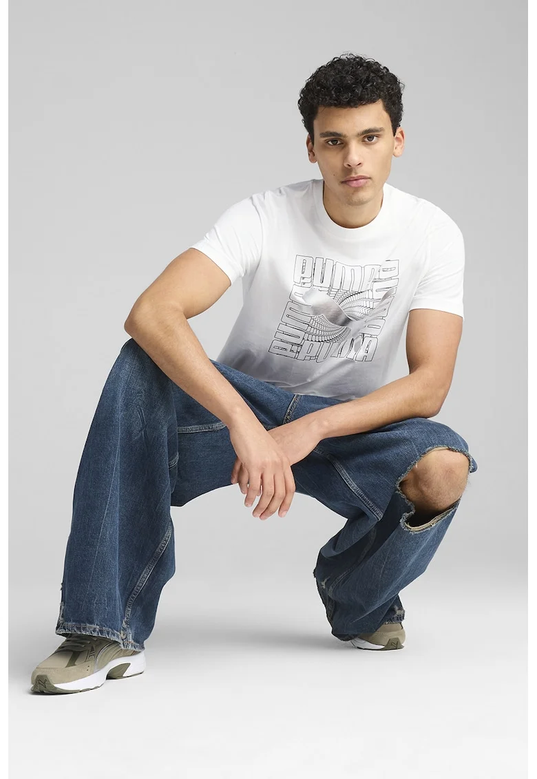 Tricou de bumbac cu decolteu la baza gatului, Alb/Negru/Argintiu