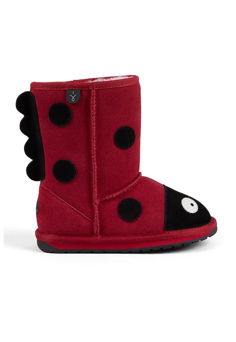 Cizme medii de piele intoarsa cu design buburuza, Negru/Rosu inchis