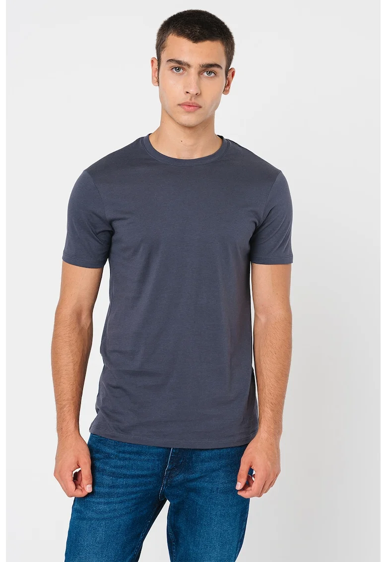 Tricou slim fit cu decolteu la baza gatului, Gri carbune