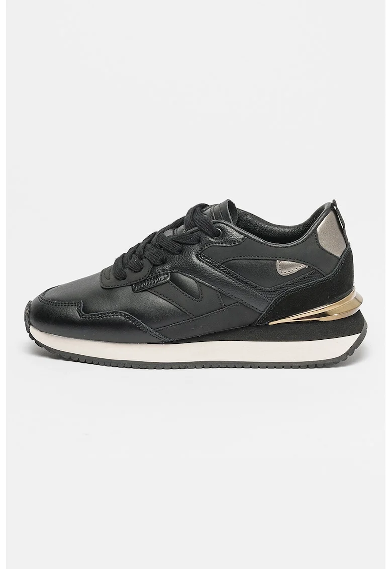 Pantofi sport de piele si piele intoarsa cu garnituri de plasa, Negru/Argintiu inchis