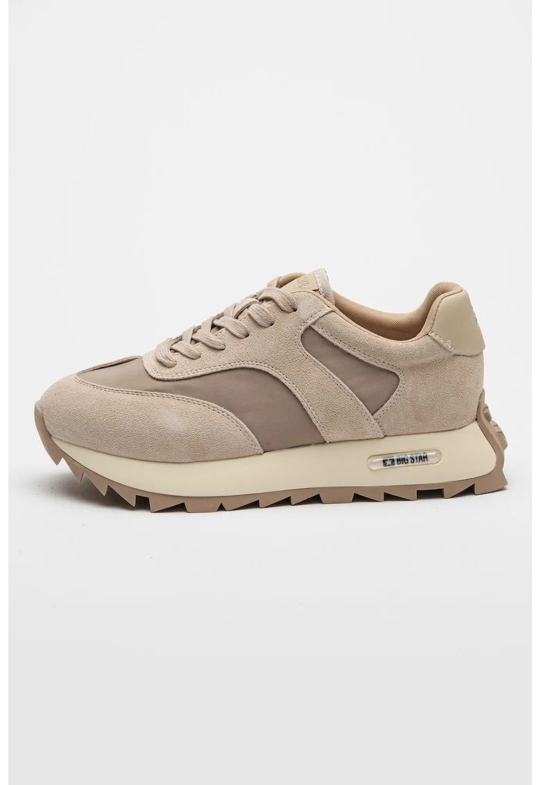 Pantofi sport cu insertii de piele intoarsa, Bej/Maro taupe deschis