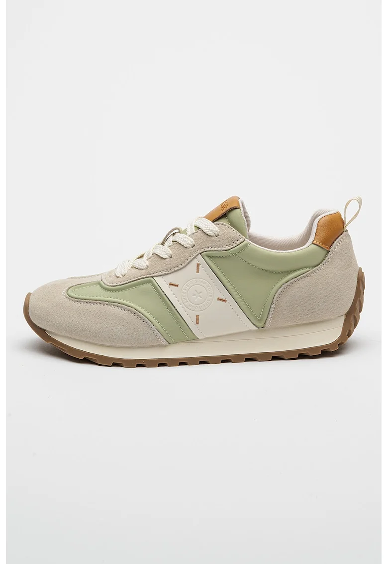 Pantofi sport low-cut cu detalii de piele intoarsa, Alb/Maro scortisoara/Verde pal