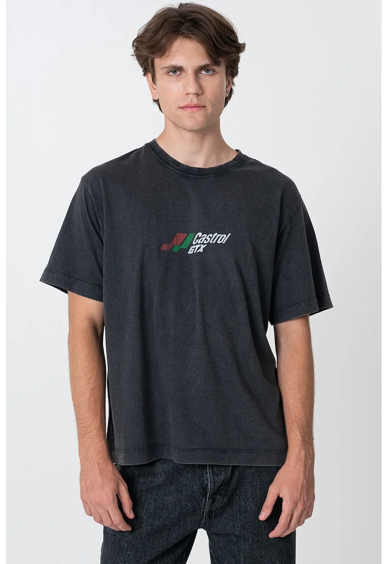 Tricou de bumbac cu design grafic pe partea din spate, Negru melange