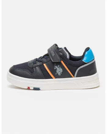 Pantofi sport din piele ecologica cu velcro, Negru/Portocaliu/Albastru ultramarin