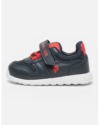 Pantofi sport din piele ecologica cu garnituri din material textil si velcro, Rosu/Albastru ultramarin