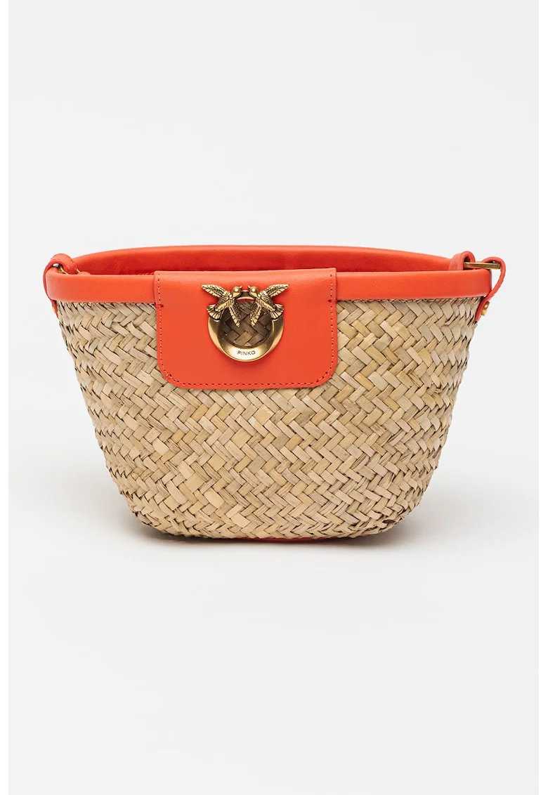Geanta bucket tesuta cu garnituri de piele, Coral/Bej