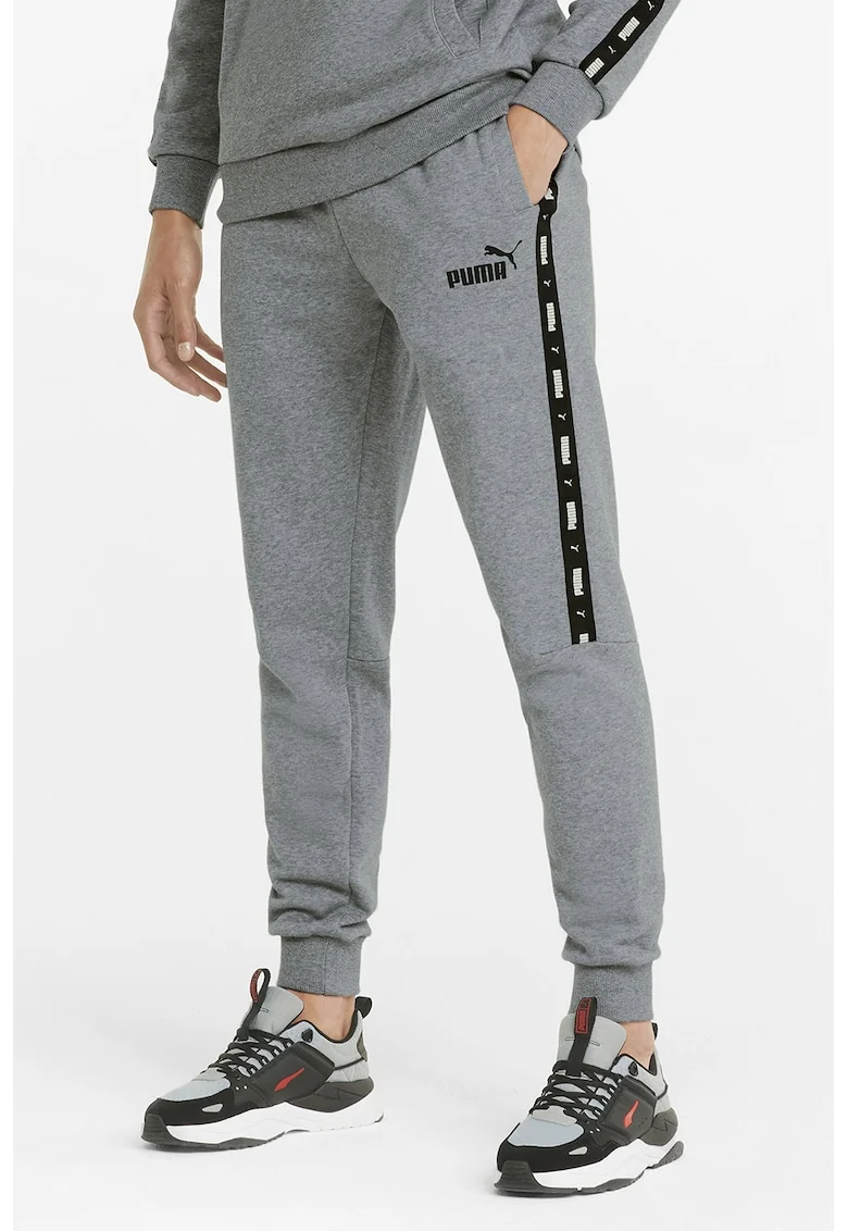 Pantaloni sport conici cu benzi logo Essentials+, Gri melange