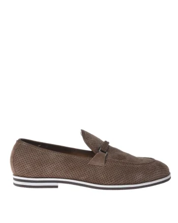 Pantofi loafer de piele intoarsa cu perforatii, Maro taupe