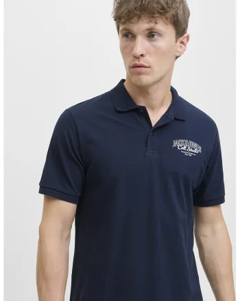 Tricou polo de bumbac pique, Alb murdar/Bleumarin