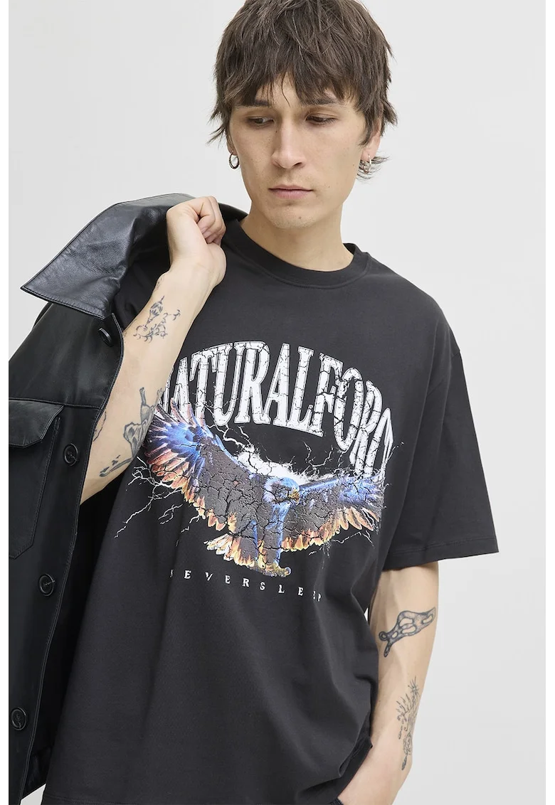 Tricou lejer de bumbac cu imprimeu grafic si text, Negru stins/Portocaliu pal/Alb optic