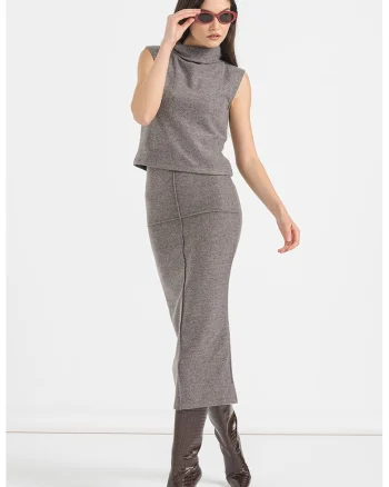 Bluza crop cu guler inalt, Maro taupe