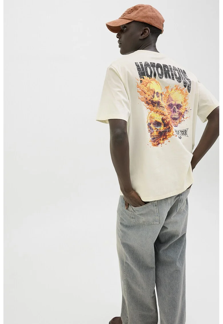 Tricou lejer de bumbac cu imprimeu grafic si text, Portocaliu/Negru stins/Alb murdar