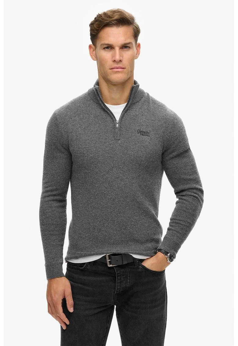 Pulover slim-fit din amestec de lana cu fenta cu fermoar, Gri inchis melange