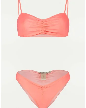 Costum de baie cu doua piese, pliuri si barete ajustabile Chica, Coral