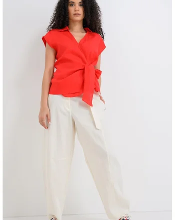Bluza polo din in cu model cu nod, Rosu