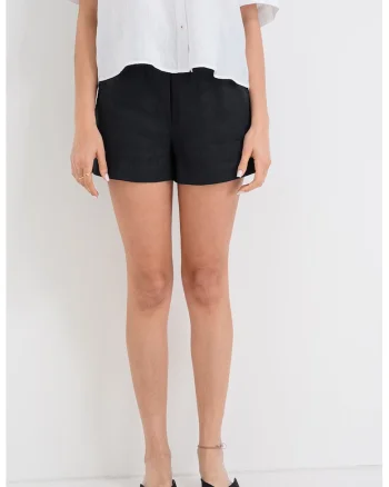 Pantaloni scurti din in cu talie inalta, Negru