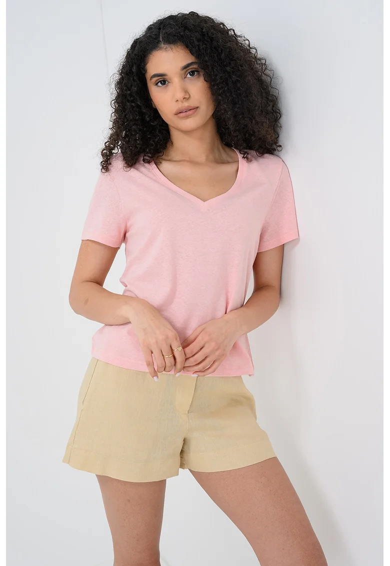 Tricou din amestec de in cu decolteu in V, Roz pal