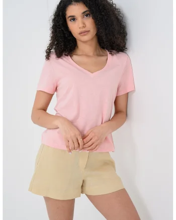 Tricou din amestec de in cu decolteu in V, Roz pal