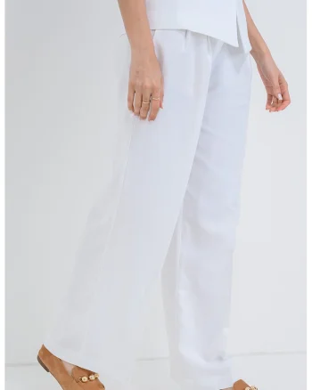 Pantaloni din amestec de in cu talie medie, Alb