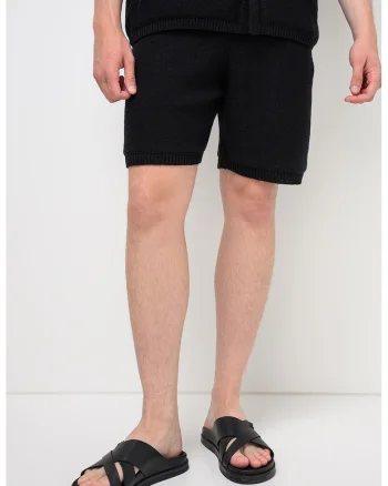 Pantaloni scurti tricotati cu snur de ajustare in talie, Negru