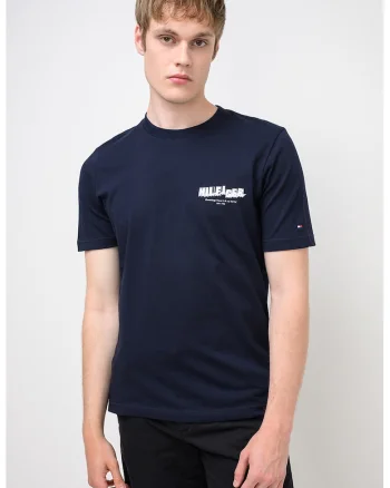 Tricou din bumbac cu imprimeu foto pe partea din spate, Bleumarin