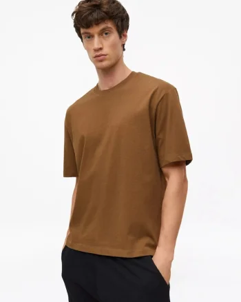 Tricou barbati la baza gatului, din jerseu gros de bumbac, Modern fit, Maro