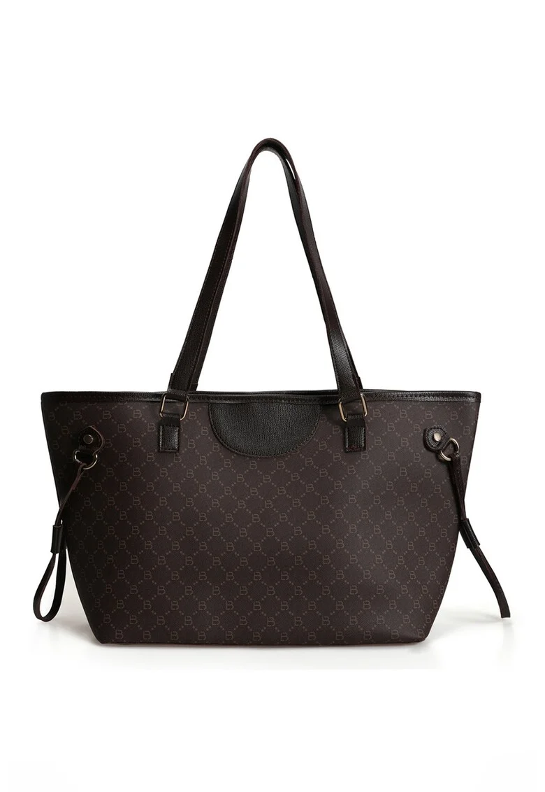 Geanta shopper de piele ecologica cu imprimeu logo, Maro inchis