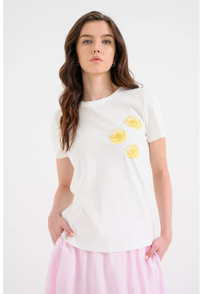 Tricou din bumbac organic cu decolteu la baza gatului, Alb/Galben sofran