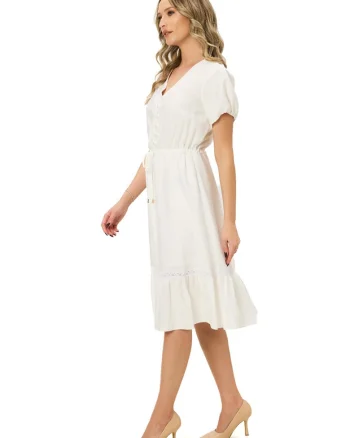Rochie midi cu decolteu in V Nancy, Alb