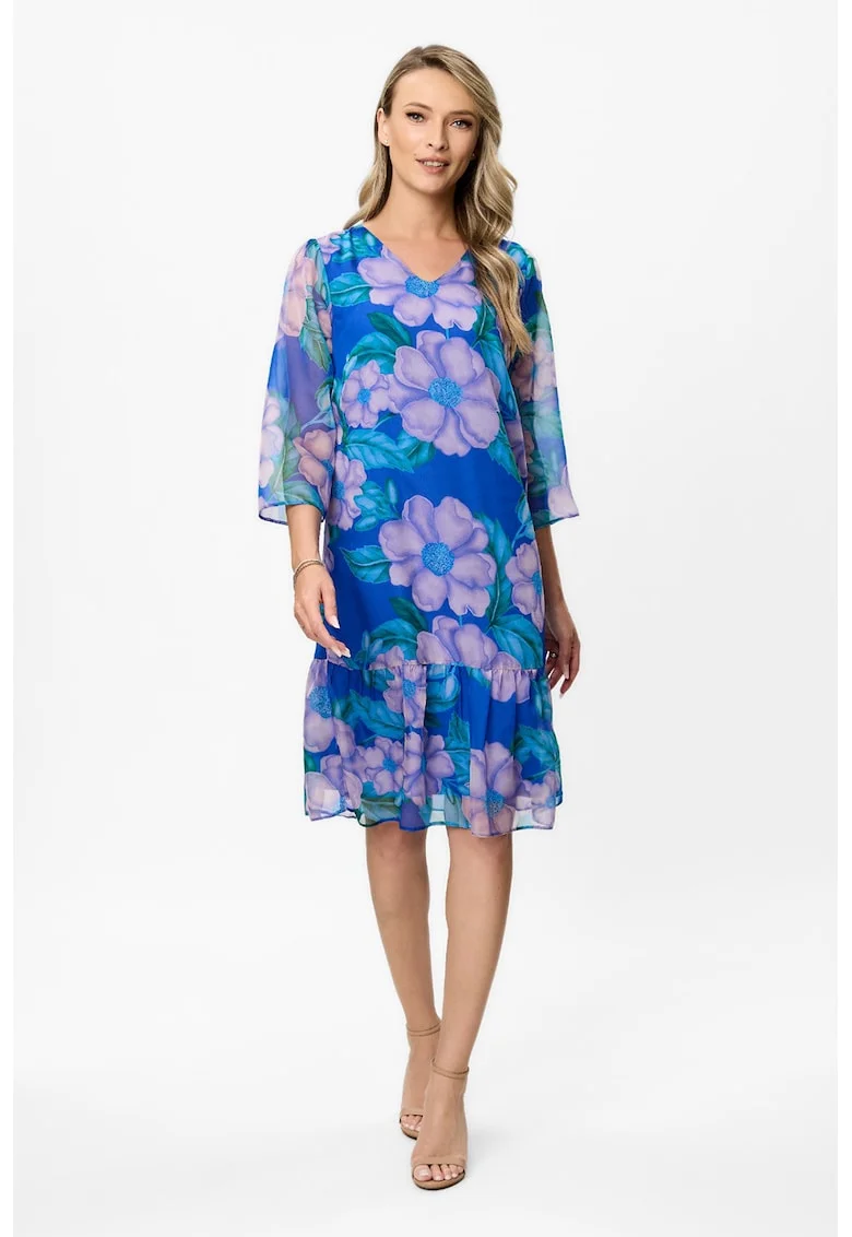 Rochie cu decolteu in V si model floral, Albastru royal/Lila