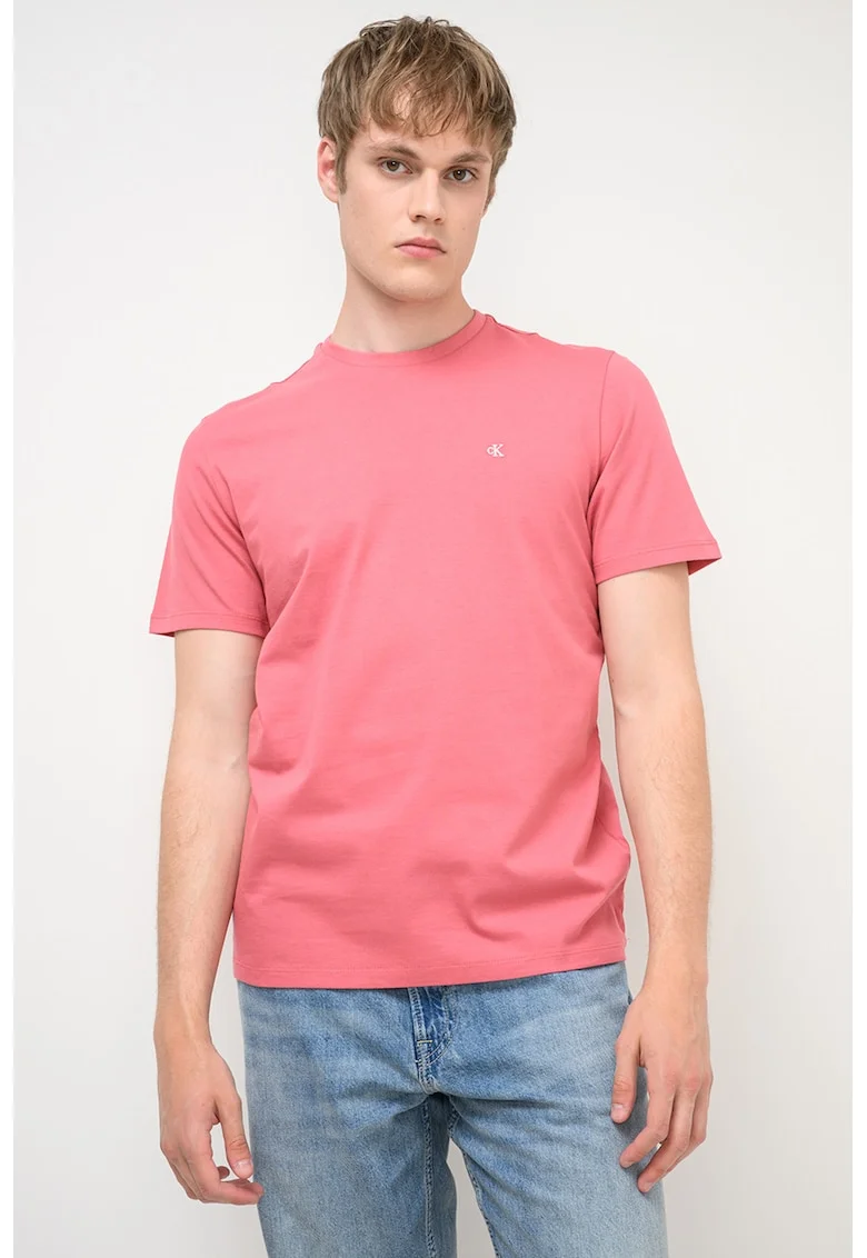 Tricou din bumbac cu decolteu la baza gatului, Roz