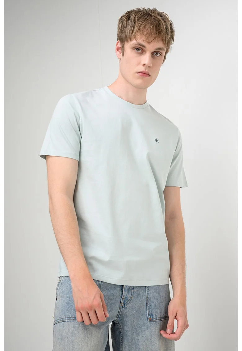 Tricou din bumbac cu decolteu la baza gatului, Albastru glaciar