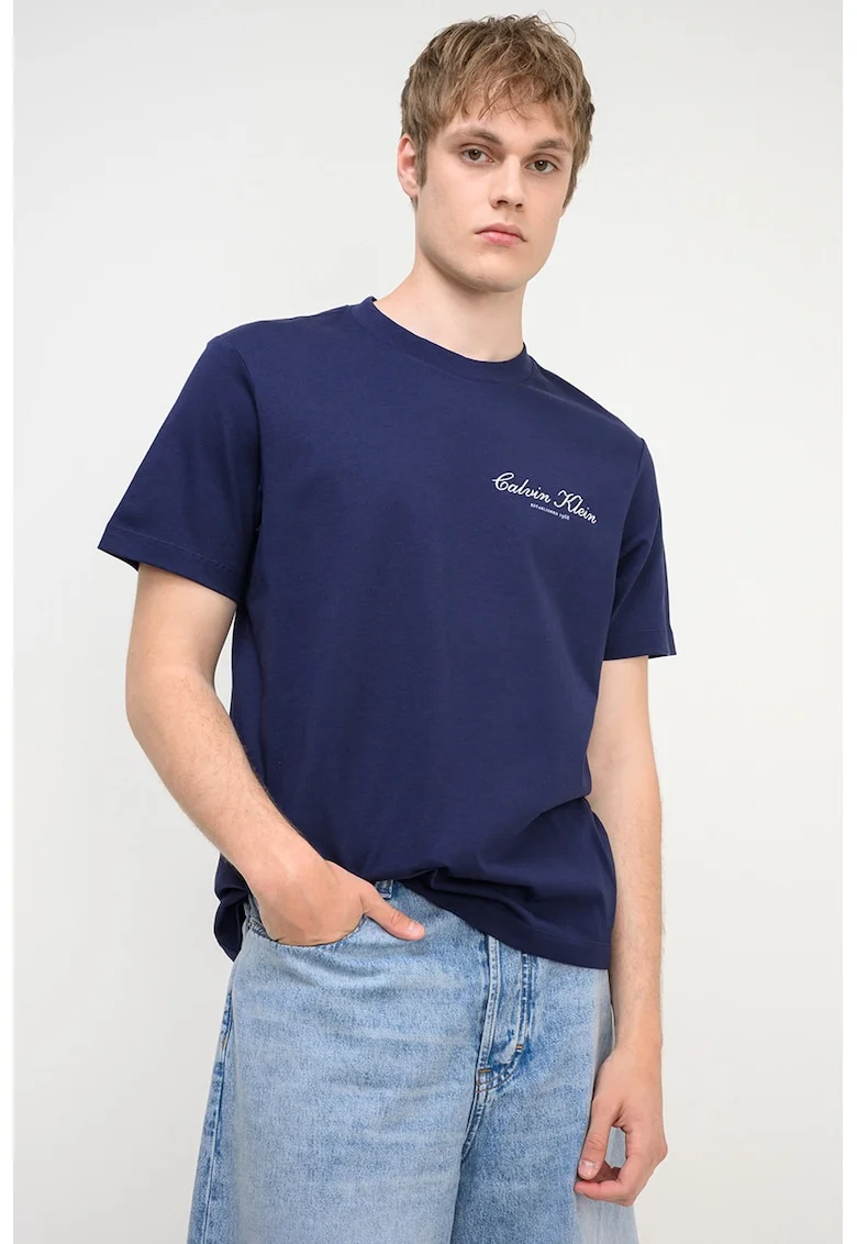 Tricou cu decolteu la baza gatului si logo brodat discret, Albastru indigo