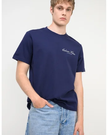 Tricou cu decolteu la baza gatului si logo brodat discret, Albastru indigo