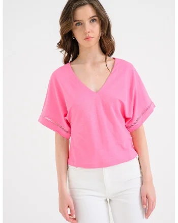 Bluza cu maneci ample scurte si decolteu in V Leylani, Fucsia