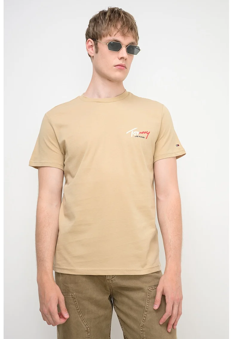 Tricou cu decolteu la baza gatului si imprimeu logo, Bej