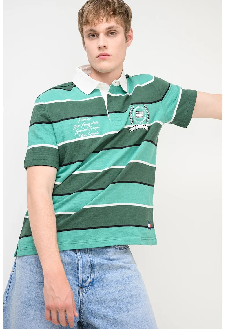 Tricou polo cu dungi si logo, Alb/Verde/Negru